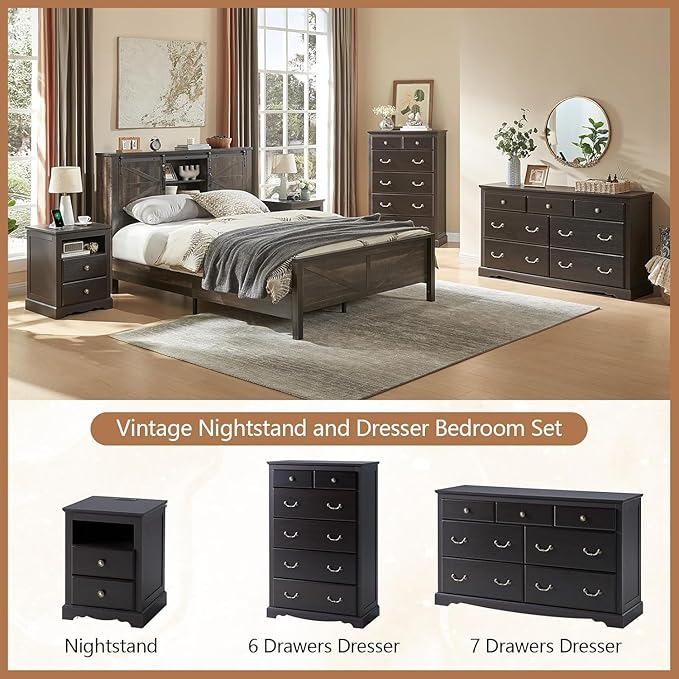 AMERLIFE 7 Drawers Dresser for Bedroom, Farmhouse Chest of Drawers with Vintage Metal Handle, Wooden Dresser Organizer for Hallway, Espresso