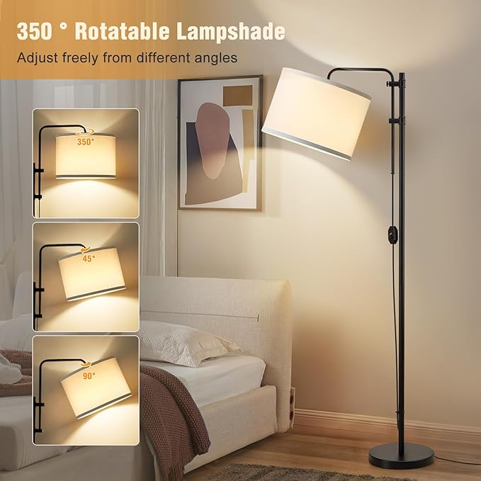 GyroVu Floor Lamp for Living Room, Adjustable Height Standing Lamps with 350° Rotate White Lampshade, 67.5-Inch Modern Tall Lamp Dimmable Floor Lamps for Corner Bedroom Home Office (Bulb Included)