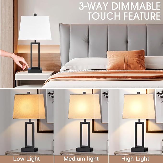 23.5" Touch Control Table Lamps Set of 2, Bedside Lamp with 2 USB Ports & AC Outlet, 3-Way Dimmable Nightstand Lamp with White Linen Shade for Living Room Bedroom End Table Office(2 LED Bulb Included)