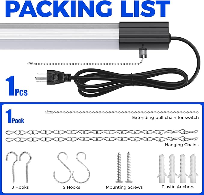 Barrina LED Shop Light for Garage, 10000LM, 84W, 4FT, 5000K Linkable Light Fixture for Workshop, Basement, Hanging or Flush Mount, Heat Dissipation with Pull Chain Switch, ETL,1 Pack