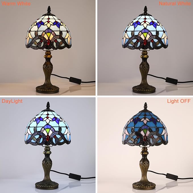 Tiffany Table Lamp for Bedroom Bedside Nightstand Table Lamp 3 Light Colors LED Stained Glass Lamp Shade End Side Small Table Lamps for Living Room 8X8X15Inch Hotel Home Reading Desk Lamp