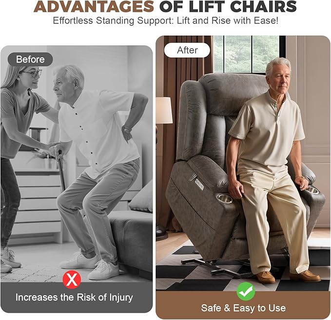 HUSFU Oversized Power Lift Recliner Chairs for Elderly with Massage and Heat, Extra Wide Recliners,Breathable Leather Lift Chairs w/Cup Holders, USB & Type-C Ports, Matte Grey,2PCS