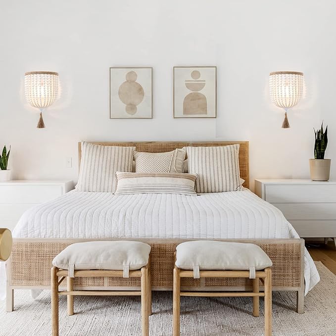 VILUXY Bohemia Wood Beaded Wall Sconces Bedside Antique Rustic Wall Sconce Lighting Fixture White Finishing for Bedroom, Hallway, Entryway, Passway, Bathroom, Vanity 2 Pack