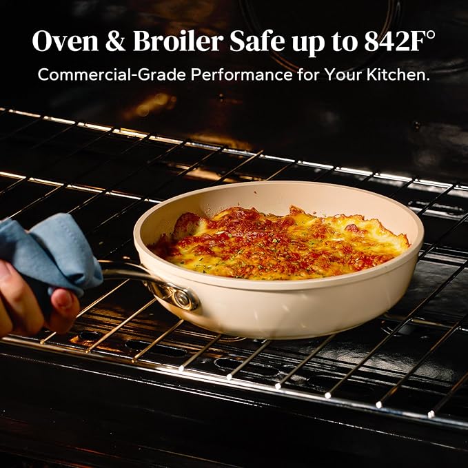 Redchef Ceramic Deep Saute Pan with Lid, Large Jumbo Cooker 3.5QT, 11" Frying Pan Nonstick with Stay Cool Handle, Non Toxic Cooking Skillet, Kitchen, Induction Dishwasher Safe, PFOA & PFAS Free(Beige)