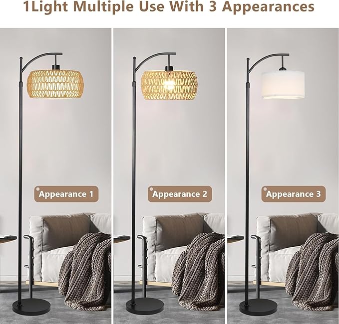 Arc Floor Lamps for Living Room Rattan Boho Floor Lamp with Remote Control,Dimmable LED Floor Lamps Wicker Lamp Shades Black Standing Lamp with 3 Color Temperature Tall Floor Lamp For Bedroom Corner