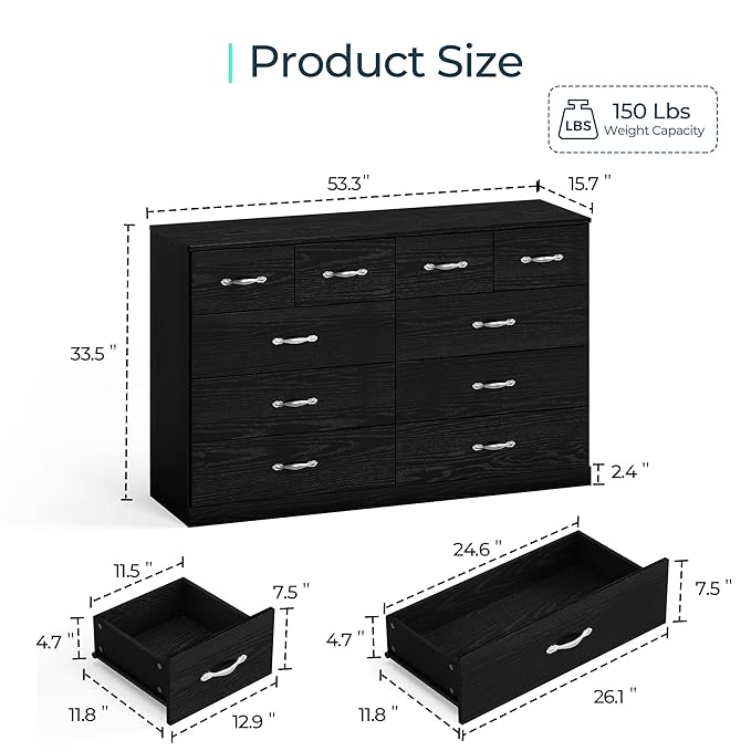 LINSY HOME 10 Drawer Dresser for Bedroom, 54" Wide Chest of Drawers, Modern TV Stand Dressers with Wood Frame and Metal Handles, Large Drawer Organizer for Bedroom, Living Room, Black