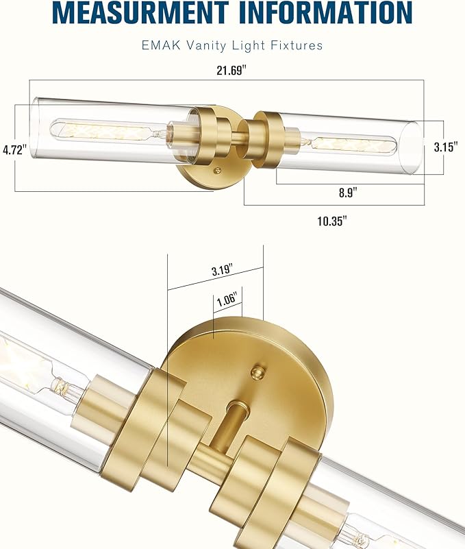 Emak Modern 22 Inch Gold Bathroom Light Fixtures Over Mirror, Cylinder Bathroom Vanity Lights for Mirror, 2-Light Wall Sconces with Clear Glass for Bathroom, Bedroom, Hallway, VL085-GD-2