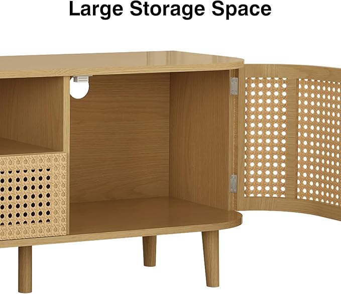 ORRD TV Stand for TVs Up to 65 Inch, Boho Wood Television Stands Media Entertainment Center Console Table with Curved Iron Rattan Doors and Drawer for Living Room - Natural
