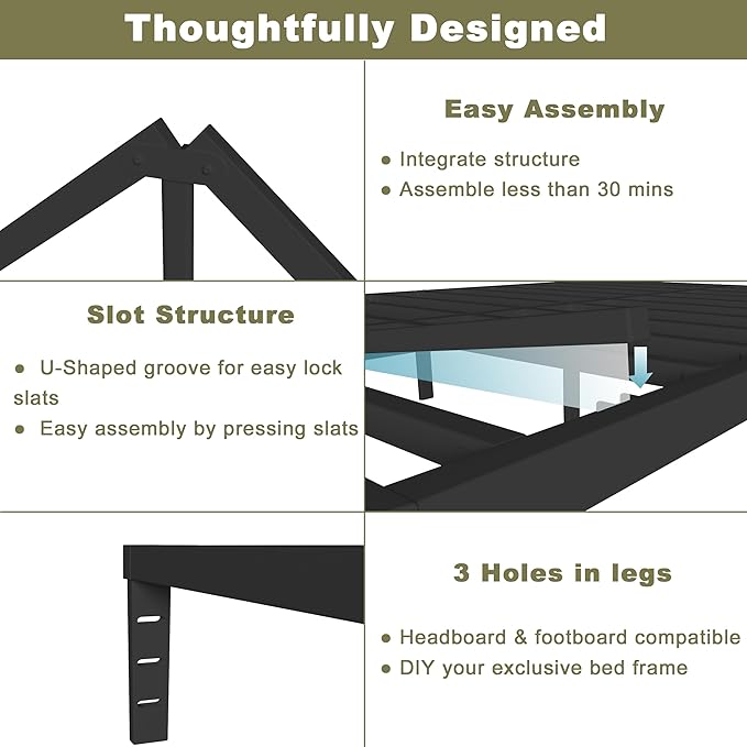 ITIMIDI 14 Inch Queen Bed Frame, Heavy Duty Metal Platform Bed Frame Queen Size, Safety Design with Rounded Corner Legs and DIY Headboard, High Load-Bearing, Noise Free, No Box Spring Needed, Black