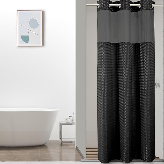 Colorful Star Small Stall Shower Curtain with Snap in Fabric Liner, Waffle Weave No Hook Shower Curtains with Mesh Top Window, Hotel Style Waterproof Bathroom Curtain Set, 36 x 75 Inch, Black