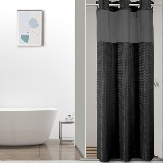 Colorful Star Small Stall Shower Curtain with Snap in Fabric Liner, Waffle Weave No Hook Shower Curtains with Mesh Top Window, Hotel Style Waterproof Bathroom Curtain Set, 36 x 75 Inch, Black