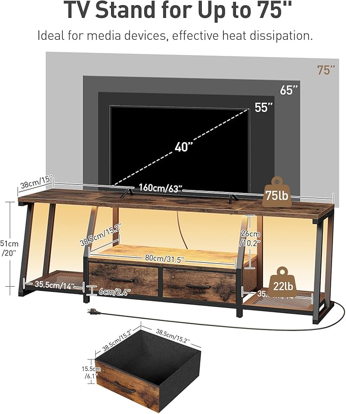 LED TV Stand with Fabric Drawers for 75 Inch TV, Entertainment Center with Power Outlets and Open Storage Shelves, Industrial Media TV Console Table for Living Room, Bedroom, Rustic Brown