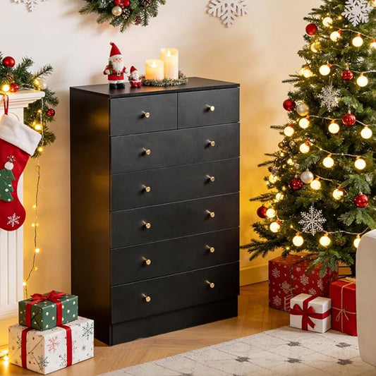 Karl home Black 7 Drawer Dresser for Bedroom, Tall Dresser Chest of Drawers, Wood Bedroom Dressers Clothes Organizer, Anti-Tipping Device, Rose Gold Metal Handle, Living Room, Entryway, Office