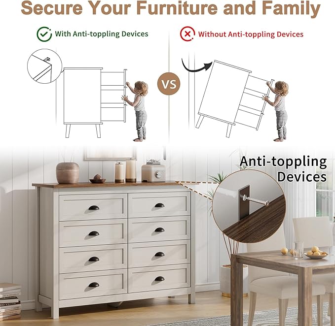 8 Drawer Dresser, Farmhouse Tall Dresser for Bedroom, Antique White Chest of Drawers, Modern Double Dressers for Bedroom, Closet