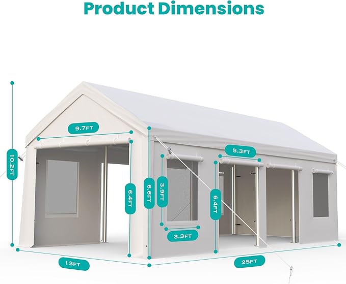 13x25ft Carport, Heavy Duty Carport with Reinforced Steel Poles, Upgraded Portable Garage with Doors & Window, UV Resistant All-Season Waterproof Tarp, for Car, Truck, Boat(White)