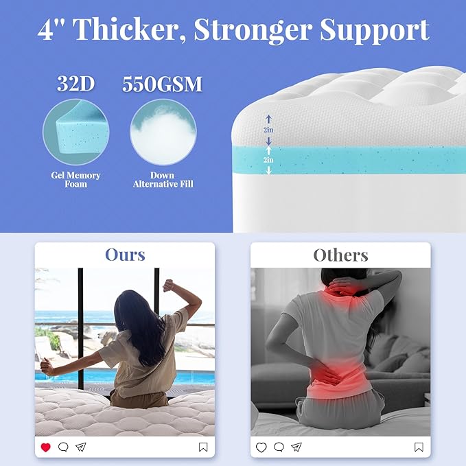 OhGeni Cooling 4 inch Dual Layer Full Mattress Topper, 2 inch Gel Memory Foam, 2 inch Down Alternative Pillow Top Pad, Mattresses Cover for Bed, Medium Support, Fits 6”-19” Deep Pocket