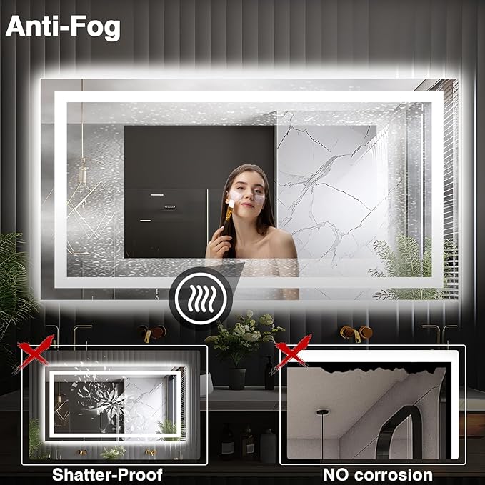 66"x36" LED Lit Bathroom Mirror, Front and Backlit LED Mirror, Anti-Fog Bathroom Mirror with Lights, 3 Colors Stepless Dimmable Mirror, Touch Sense (Horizontal/Vertical)