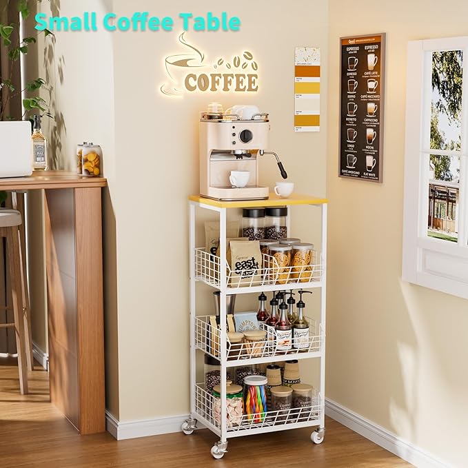 HapiRm Kitchen Fruit Vegetable Cart - 4 Tier Rolling Storage Rack with Wheels and Dividers, Coffee Station Cart Rack Shelf Organizer for Onion, Potato, Snack, Fruit, Vegetable Storage Stand, White