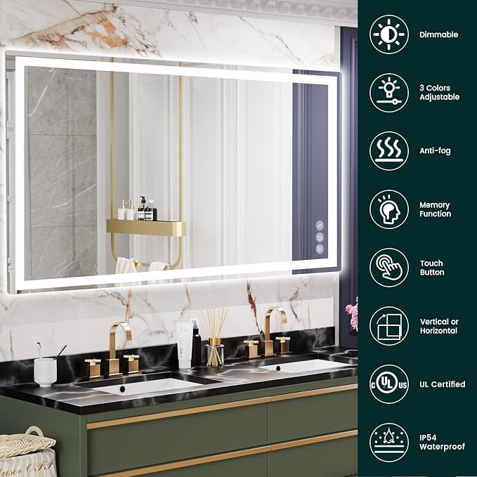 LED Mirror for Bathroom 36"x 72" with Frontlit and Backlit, Anti-Fog Mirror with Lights, Stepless 3 Colors Temperature & Dimmable Bathroom Mirror, Memory Tempered Glass Mirror for Bathroom