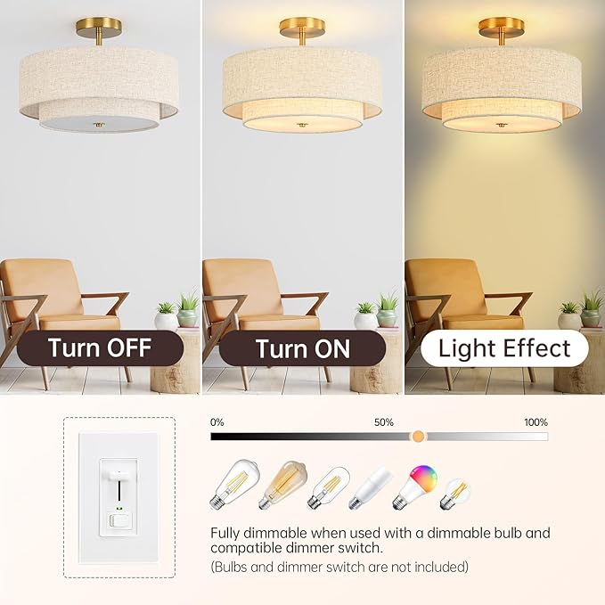 16" Semi Flush Mount Ceiling Light, 3-Light Gold Drum Ceiling Light Fixture with 2-Tier Fabric Linen Shade, Farmhouse Chandelier for Dining Room, Living Room, Bedroom, Kitchen, Hallway, Entryway