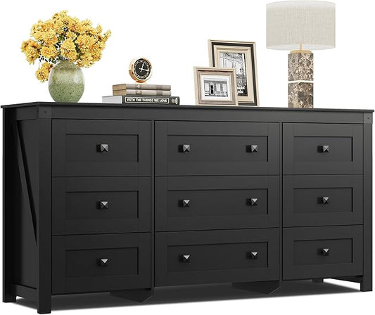 WLIVE Farmhouse Dresser for Bedroom, 63" Wide 9 Drawer Dresser Storage Organizer, Wood Chest of Drawers for Bedroom, TV Stand for 70 inch TV, for Living Room, Hallway, Ball Bearing Slide (Black)