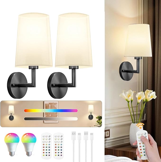 JKEYES Battery Operated Wall Sconce Set of 2,Black Cordless Wall Lights with 5200mAh Dimmable Detachable Rechargeable Bulbs, 12 Colors Sconces Wall Decor for Bedroom Living Room Hallway