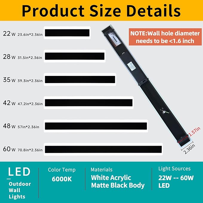 Mikeru 70.8inch Long Led Wall Light, 6000k Cool White Modern Outdoor Wall Light Ip65 Waterproof Black Acrylic Porch Exterior Lighting Fixtures, Exterior Wall Mount Lights for Garage Front Door