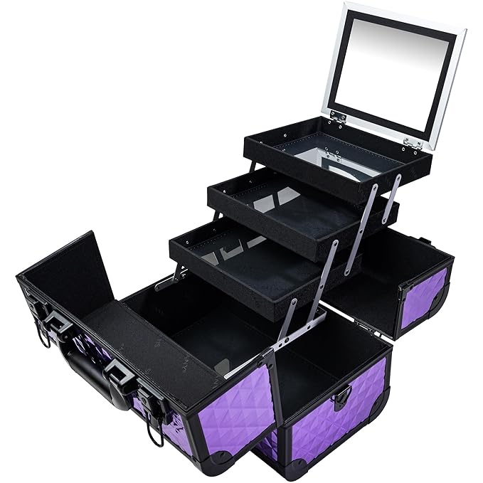 SHANY Premier Fantasy Professional Makeup Train Case Cosmetic Box Portable Makeup Case Organizer Jewelry storage with Locks, 3 Trays,Makeup Brush Holder and Cosmetics Mirror - Amethyst