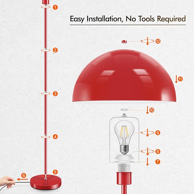 Floor Lamp, Industrial Red Floor Lamps for Living Room, 65.6in Standing Lamp, Retro Mushroom Dome Shade, Whole Metal, E26 Socket, Mid Century Modern Floor Lamp for Bedroom/Office,No Bulb