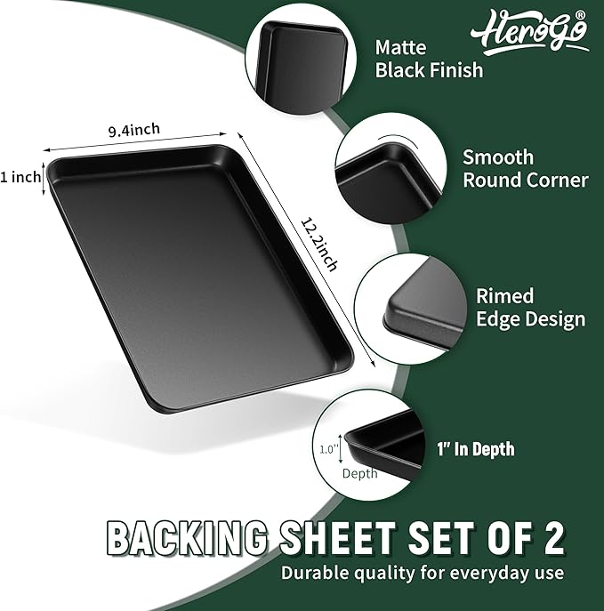 Herogo Baking Sheet Pan Set, Nonstick Carbon Steel Cookie Sheet Bakeware Set for Oven, 9.4×12.2×1 Inch Multipurpose Kitchen Cookware 2 Pack, Non-toxic & Heavy Duty & Easy Clean-Medium