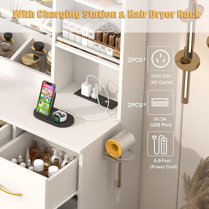 47 inch Large Vanity Desk w/ 7 Drawers,Cushion Stool,Outlet,6 Shelves,White Make up Vanity Table Set 3 Lighting Modes Brightness for Bedroom Dressing Room