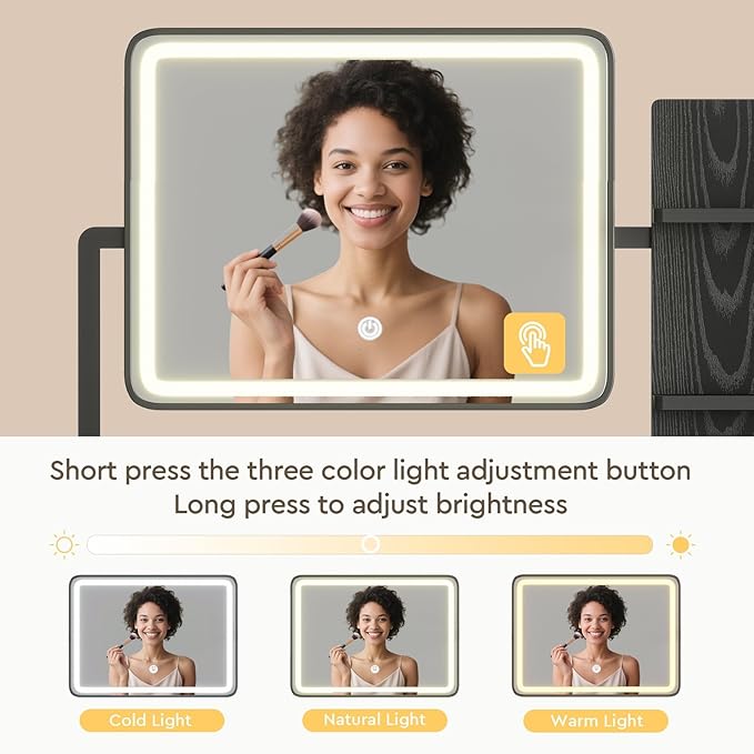 Makeup Vanity Desk with Mirror and Lights, Small Vanity with Fabric Storage Drawer & Chair & Shelves,Black Compact Makeup Vanity Set for Bedroom