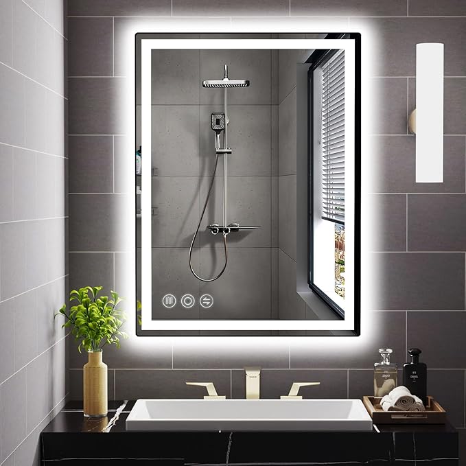 24"x 32" LED Bathroom Mirror with Stepless Dimmable Wall Mirrors with Anti-Fog, Dimmable CRI>90, Vanity Mirror with 3 Color Modes, Shatter-Proof, Memory Bathroom Mirror with LED Lights