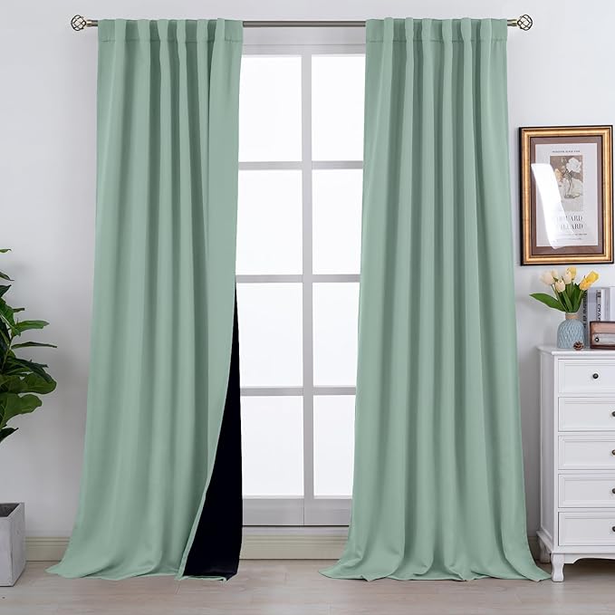 BGment Blackout Curtains with Thermal Insulation Liner Curtains 108 Inches Long, Rod Pocket and Back Tab Double Layer Room Darkening Window Curtain for Bedroom(52 x 108 Inch, 2 Panels, Frosty Green)