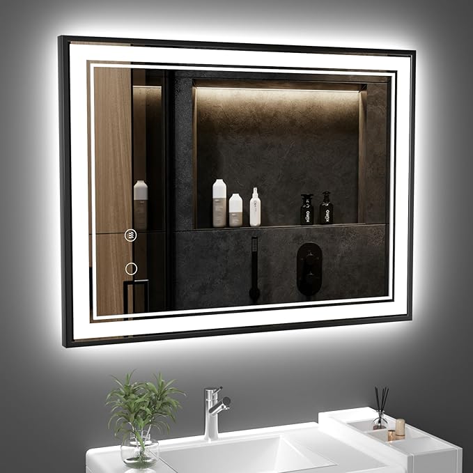 40" x 30" LED Bathroom Mirror with Lights Framed LED Mirror for Bathroom Backlit and Front Lighted Bathroom Mirror Black Square Aluminum Frame Anti-Fog Dimmable Shatter-Proof Memory