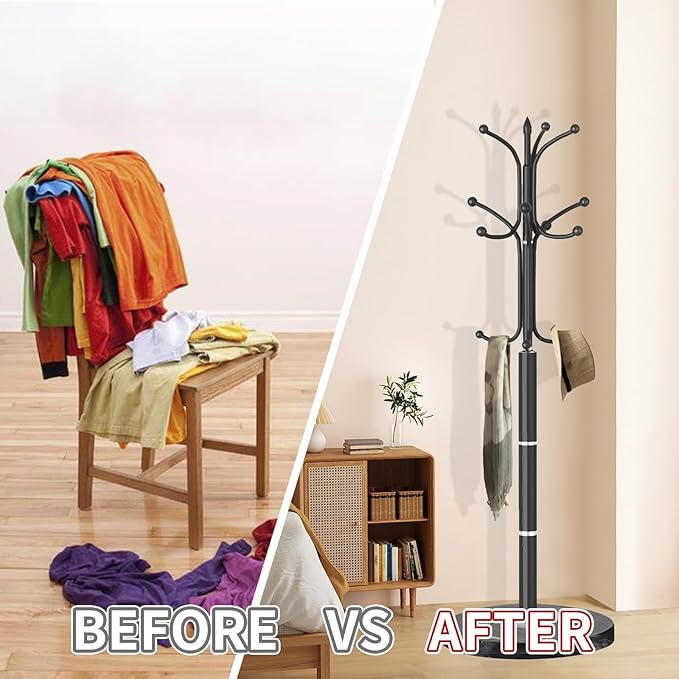 Coat Rack with Natural Marble Base, Metal Modern Coat Racks Freestanding, Coat Rack Stand with 12 Hooks, Coat Tree Hats Hanger Stand for Entryway, Hallway (12 Hooks-Black)
