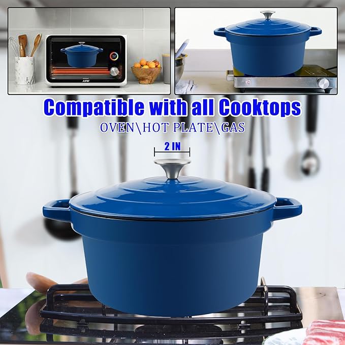 CUKOR 7QT Dutch Oven Pot With Lid, Enameled Cast Iron Dutch Ovens for Sourdough Bread Baking, Non-Stick Ceramic Dutch Oven Cooking Pot, Oven Safe, Blue (10 Pcs Bread Paper Liners)