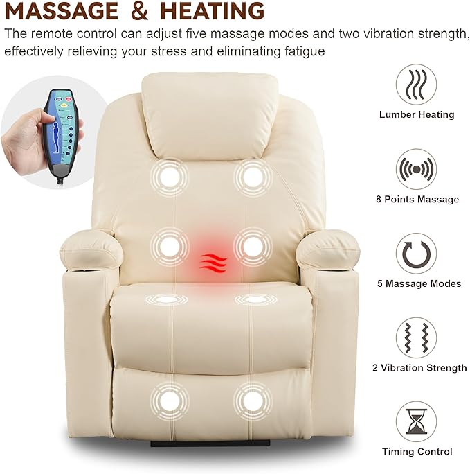 SALOHZA Power Lift Recliner Chair for Elderly with Massage and Heat for Living Room, Electric Recliner Chair for Adults with USB/Type C Port/Cup Holders, PU Faux Leather, Cream White
