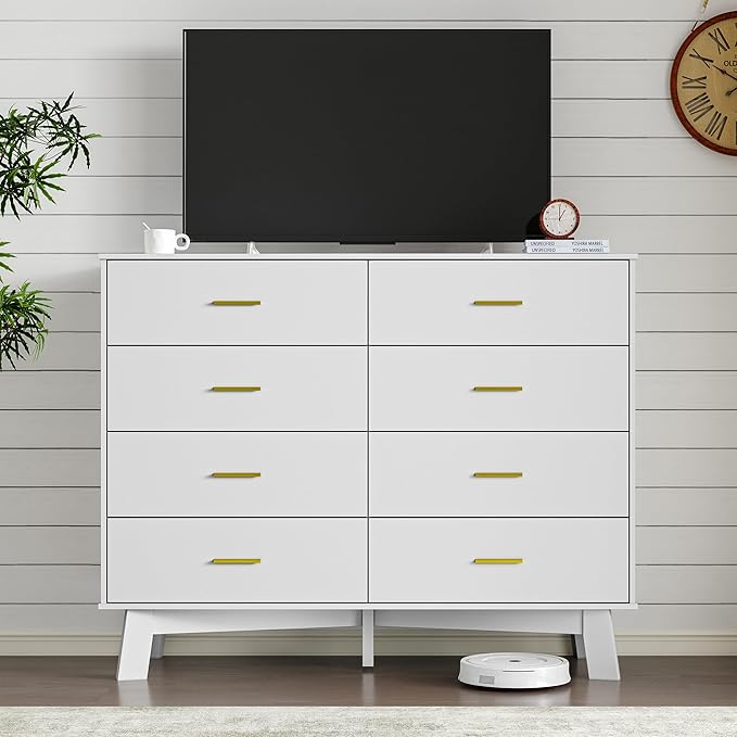 Dresser for Bedroom with 8-Drawer, 37" Tall Modern Chest of Drawers with Metal Handles, X-Shape Base & Adjustable Center Leg, Anti-Tip Closet Organizers and Storage