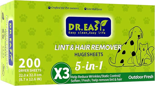 Dr.Easy LINT & HAIR REMOVER Pet HUGESHEETS with 3X Dryer Sheets, Outdoor Fresh, 200 Count,PLANT&MINERAL-BASED FORMULA