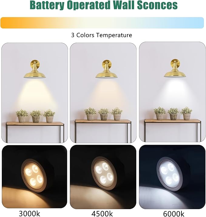 Gold Vintage Battery Powered Wall Sconce Decor Set of 2, Wireless Vintage Wall Sconce with Remote Control, Dimmable LED Wall Light for Bedroom, Hallway, Farmhouse Indoor Wall Sconce