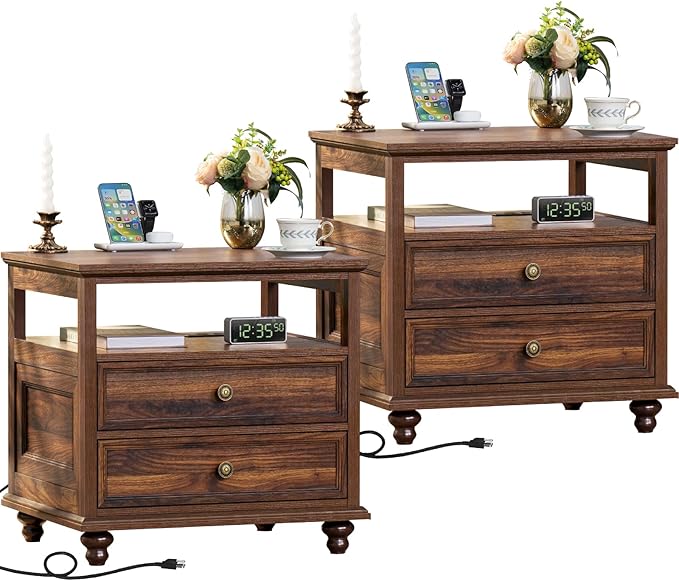 Farmhouse Nightstand Set of 2 with Charging Station, 24" Wide End Table with 2 Drawers,Brown Dresser for Bedroom,Bed Side Table Chest of Drawers Cabinet, Night Stand for Living Room