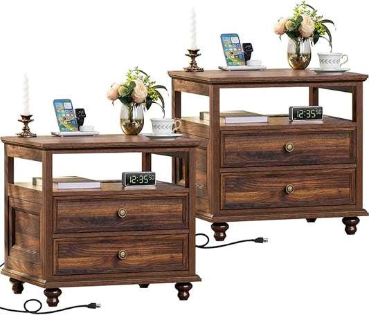 Farmhouse Nightstand Set of 2 with Charging Station, 24" Wide End Table with 2 Drawers,Brown Dresser for Bedroom,Bed Side Table Chest of Drawers Cabinet, Night Stand for Living Room