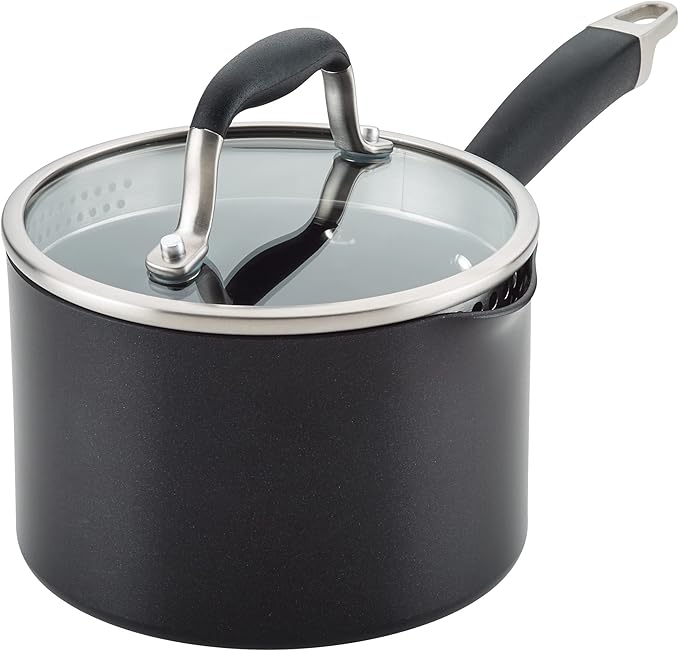 Anolon Advanced Home Hard Anodized Nonstick Sauce Pan/Saucepan with Straining and Lid, 2 Quart (2 Qt Straining Saucepan, Onyx)