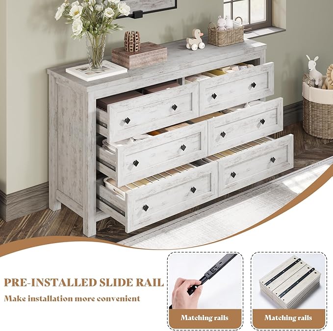 AMERLIFE 6 Drawer Dresser for Bedroom, 54" Wide Dresser TV Stand with Large Drawers, Farmhouse Wood Chest of Drawers with Vintage Grain Texture, Distressed White