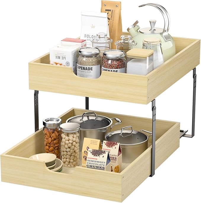 COOLBEBE 2 Tier Pull Out Drawers for Cabinets，17"W x 21"D Double Tier Slide Out Wood Drawer Shelf Organizer, Soft Close Cabinet Pull Out Shelves in Kitchen, Pantry, Bathroom