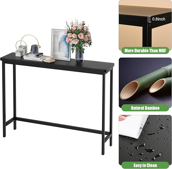 VASMIA Console Table, Entryway Table, Narrow Sofa Table, 39" Bamboo Hallway Table for Entryway, Living Room, Bedroom, Foyer, Black