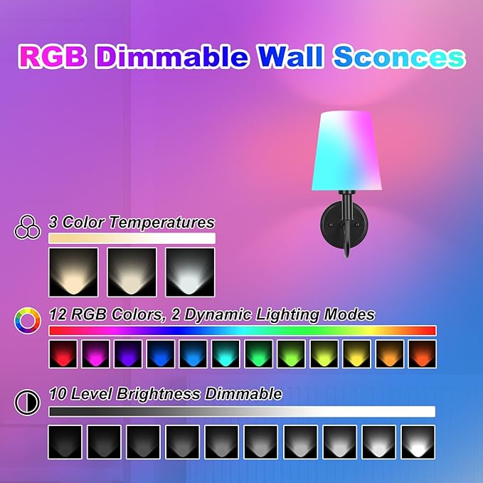 Wireless Rechargeable Wall Sconce, Black Battery Operated Wall Lights, Wall Lamps with Remotes and Dimmable RGB LED Bulbs, No Wiring Indoor Sconces Wall Decor Set of 2 for Bedroom Living Room Hallway