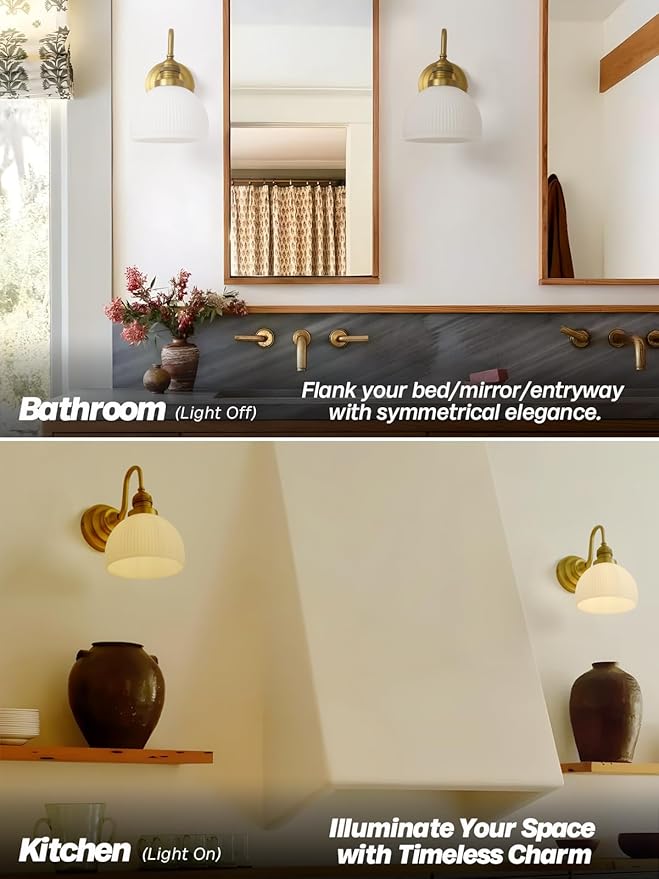 Gold Wall Sconces,Hardwire Bathroom Vanity Light with Striped Bowl Milk Glass Vintage Brass Wall Mounted lamp Lights for Bathroom Mirror Living Room Bedroom Kitchen E26 Indoor