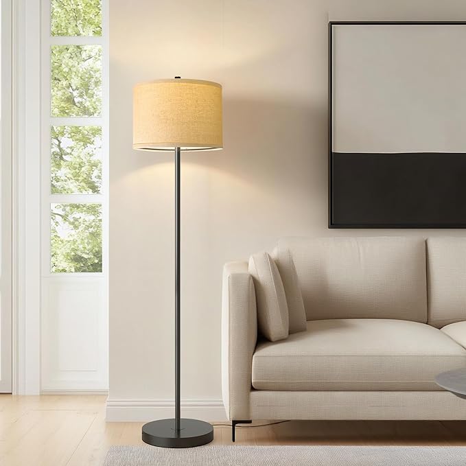 Oneach 61" Farmhouse Industrial Floor Lamp for Living Room Standing Floor Lamp Rustic Floor Lamps for Living Room Bedroom Tall Lamps with Rotary Switch for Bedroom with Natural Linen Lamp Shade